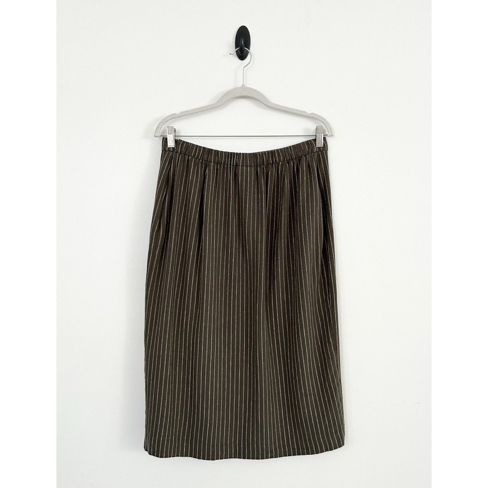 J. Jill Women S Moss Green Asymmetric Drape Front Pinstripe Linen Midi Skirt NWT - Picture 3 of 12